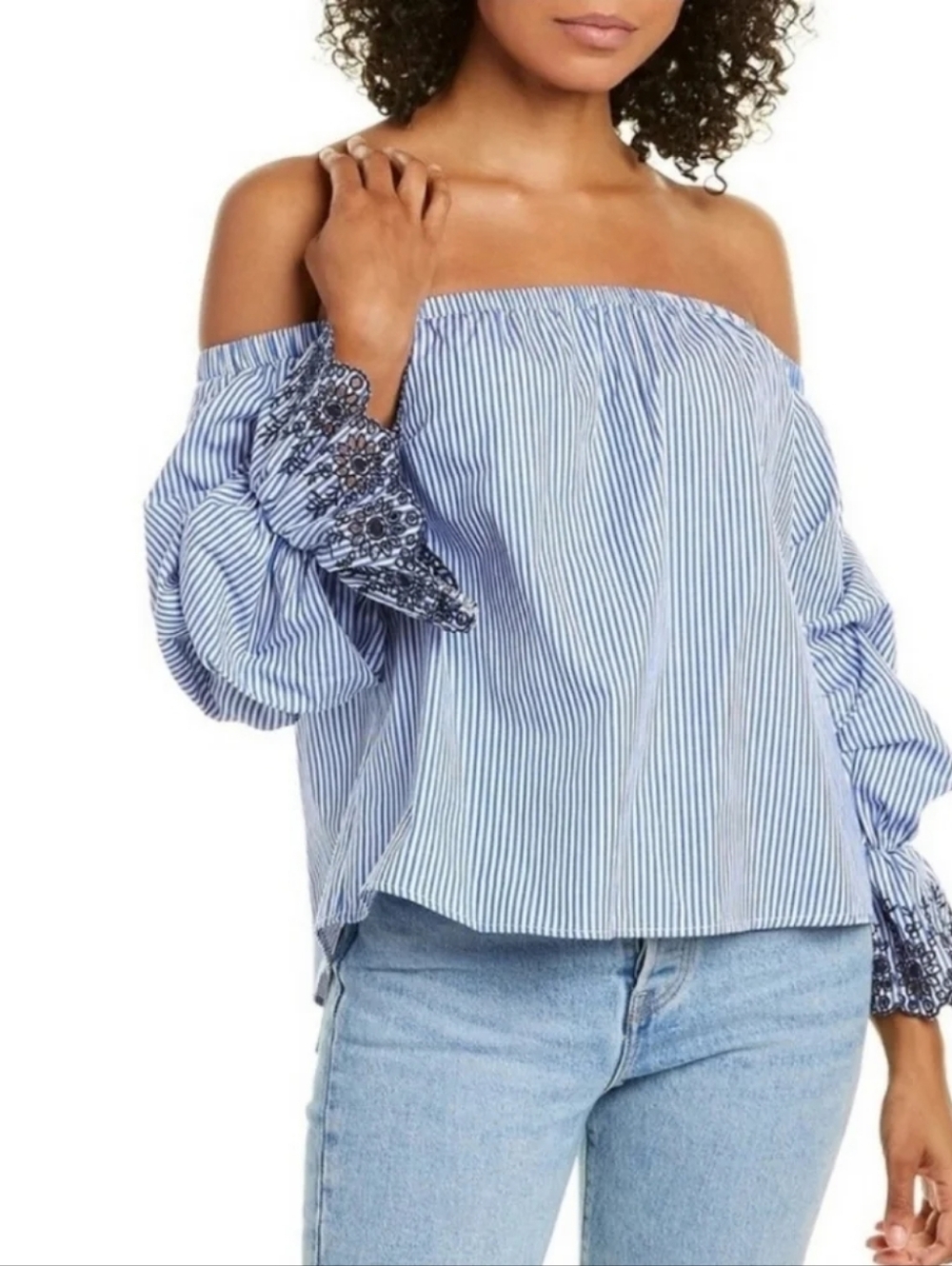 New ASTR The Label Eyelet Off The Shoulder Striped Top Blue White XL